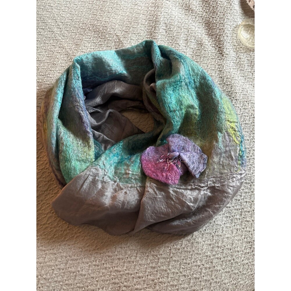 USA Artisan Silk large felted wool Scarf. . Aqua purple / in lavender silk.